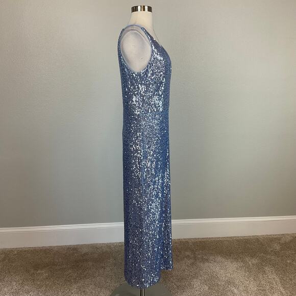 XSCAPE Sequined Midi Sheath Cocktail Dress Blue Size 6 Sleeveless V-Neck - Picture 3 of 14